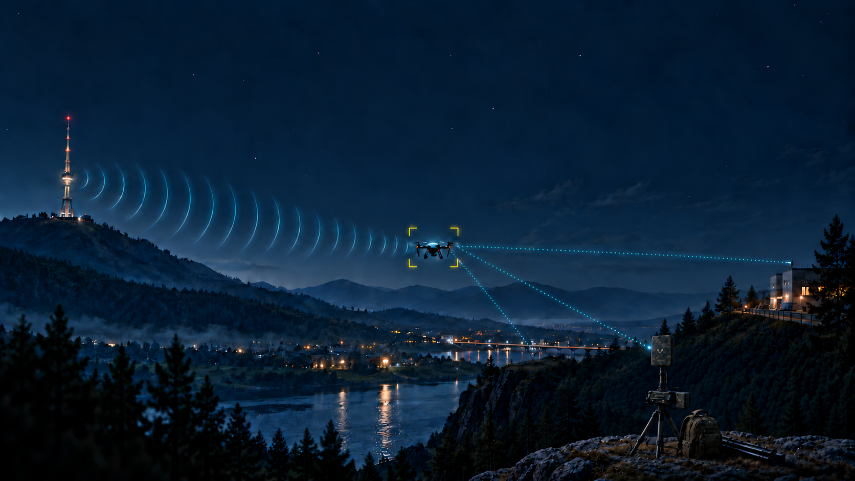 Passive radar concept with a radio transmitter, drone and receiving Fravek node in a night landscape